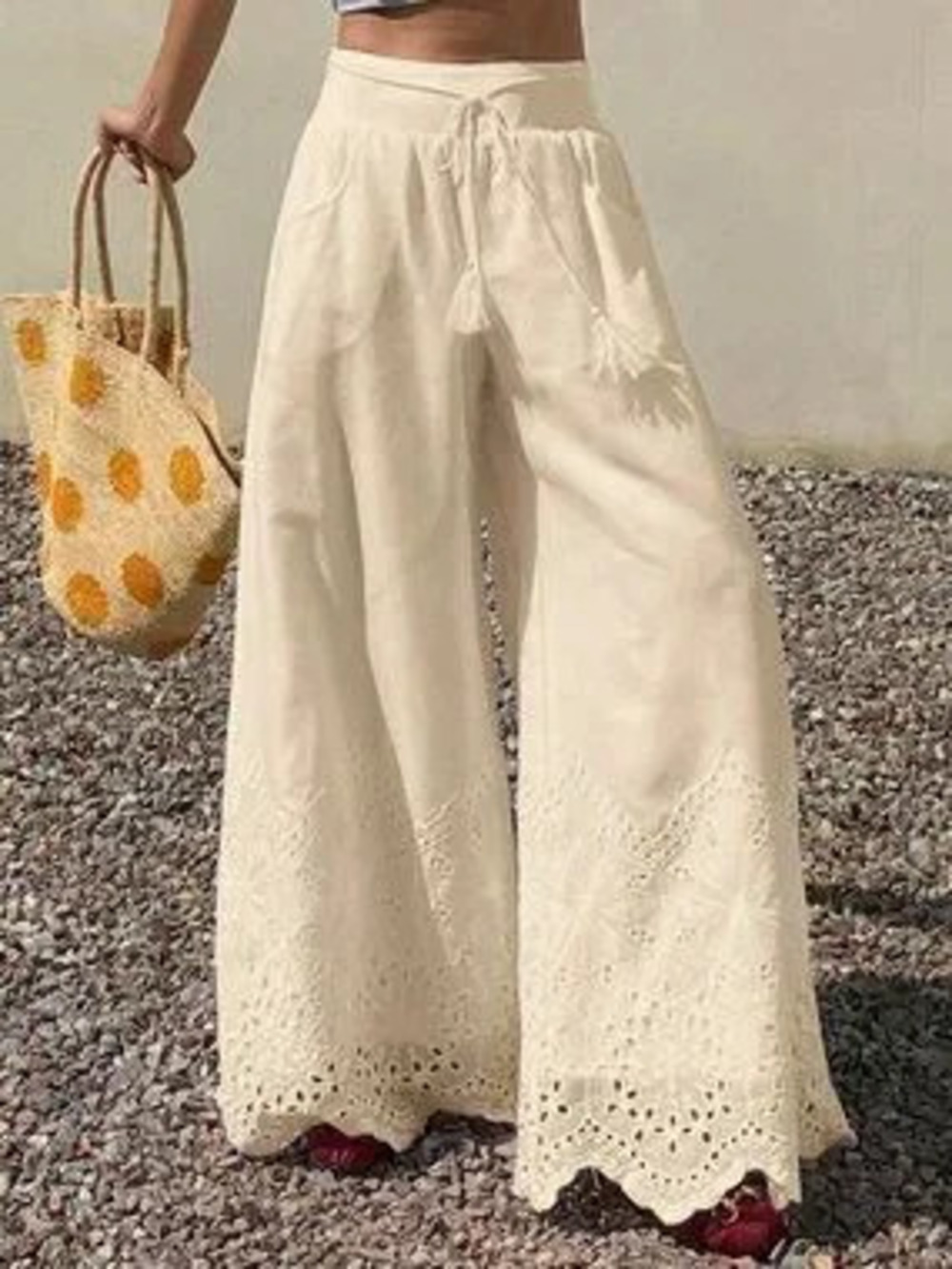 Apricot Boho Women's Lace Hollow Out Tie-Up Casual Pants